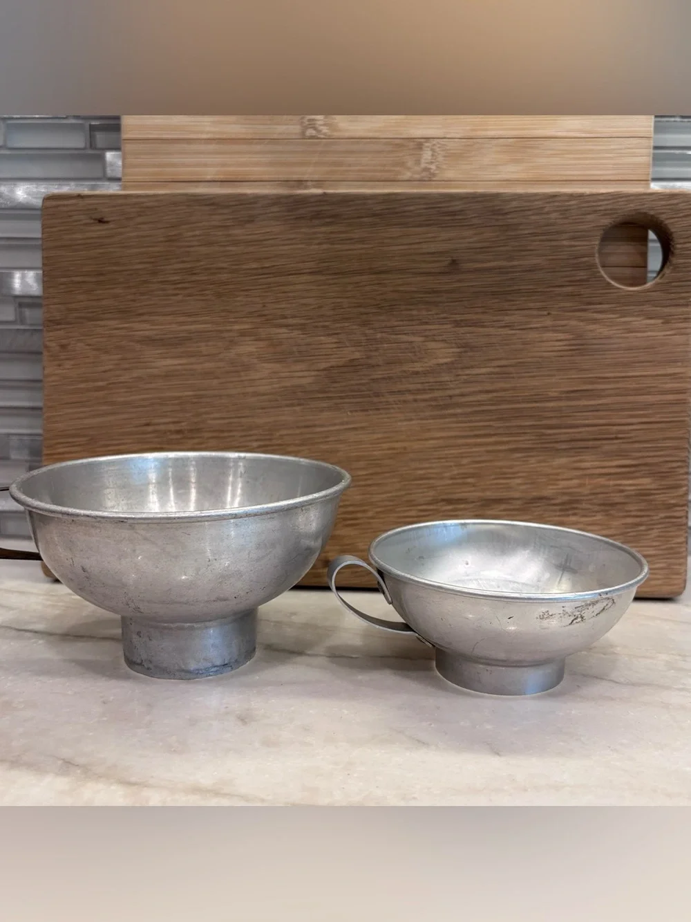 Lot Of 2 Vintage Aluminum Canning Jar Funnels Kitchen Utensil Handles Grannycore
